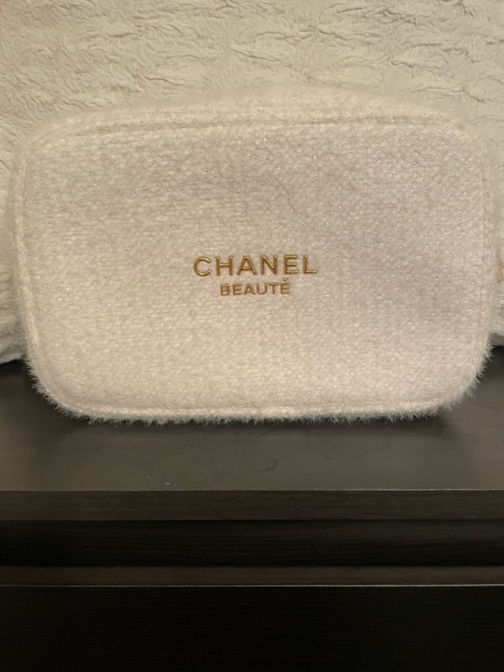CHANEL White Fuzzy Beauté Cosmetic Case with Gold Logo